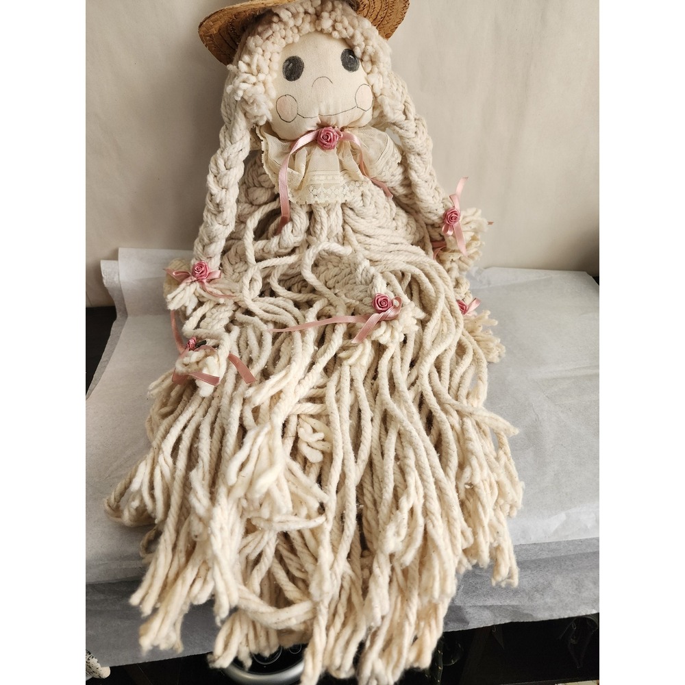 Handmade Mop Doll Vintage Folk Art Cream Yarn Straw Hat Pink Roses Cottagecore